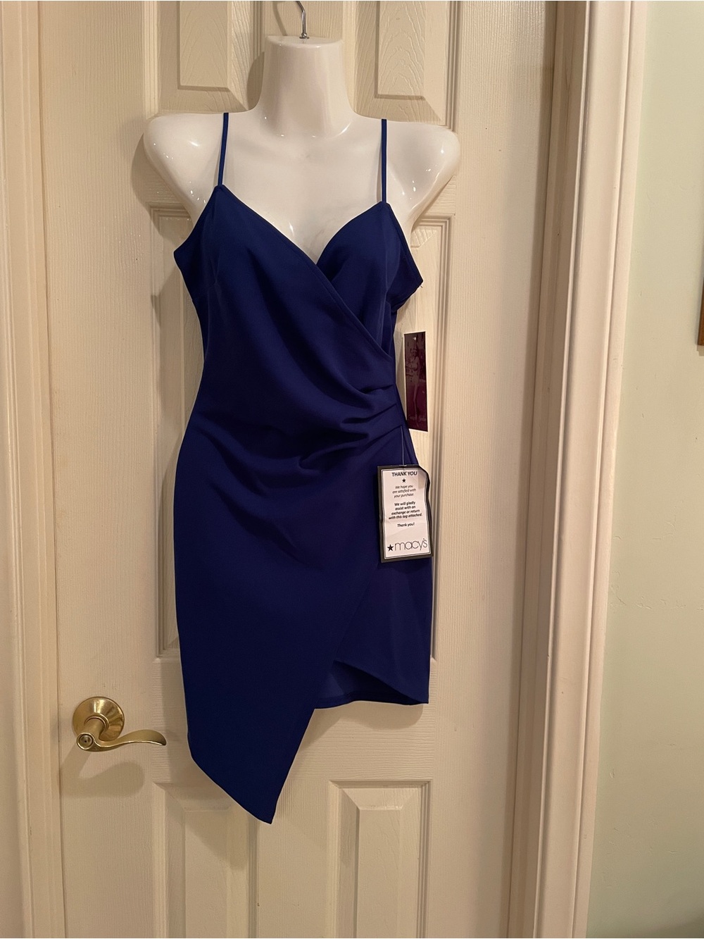 NWT Cute Macy’s Blue Asymmetrical Mock Wrap Spaghetti Strap Cocktail Dress